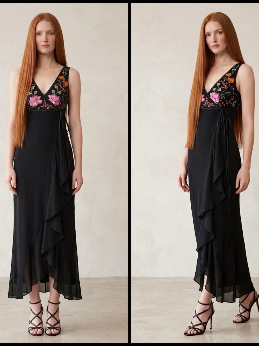 Vintage Dusk Y2K Black Floral-Embroidered V-Neck Ruffle Cascade Maxi Dress 6